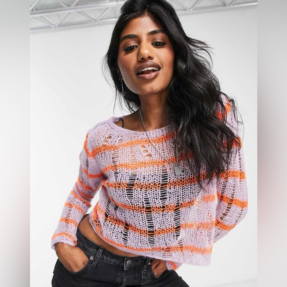 NWT ASOS DESIGN sweater in sheer knit in stripe pattern in lilac US 4 - Picture 5 of 5